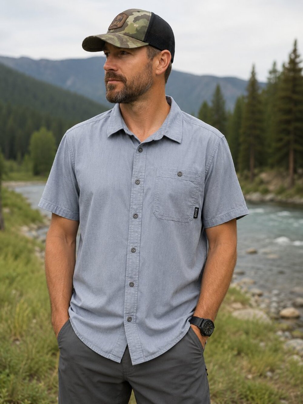 KUIU Short Sleeve Button Up Shirt Blue Size Large
